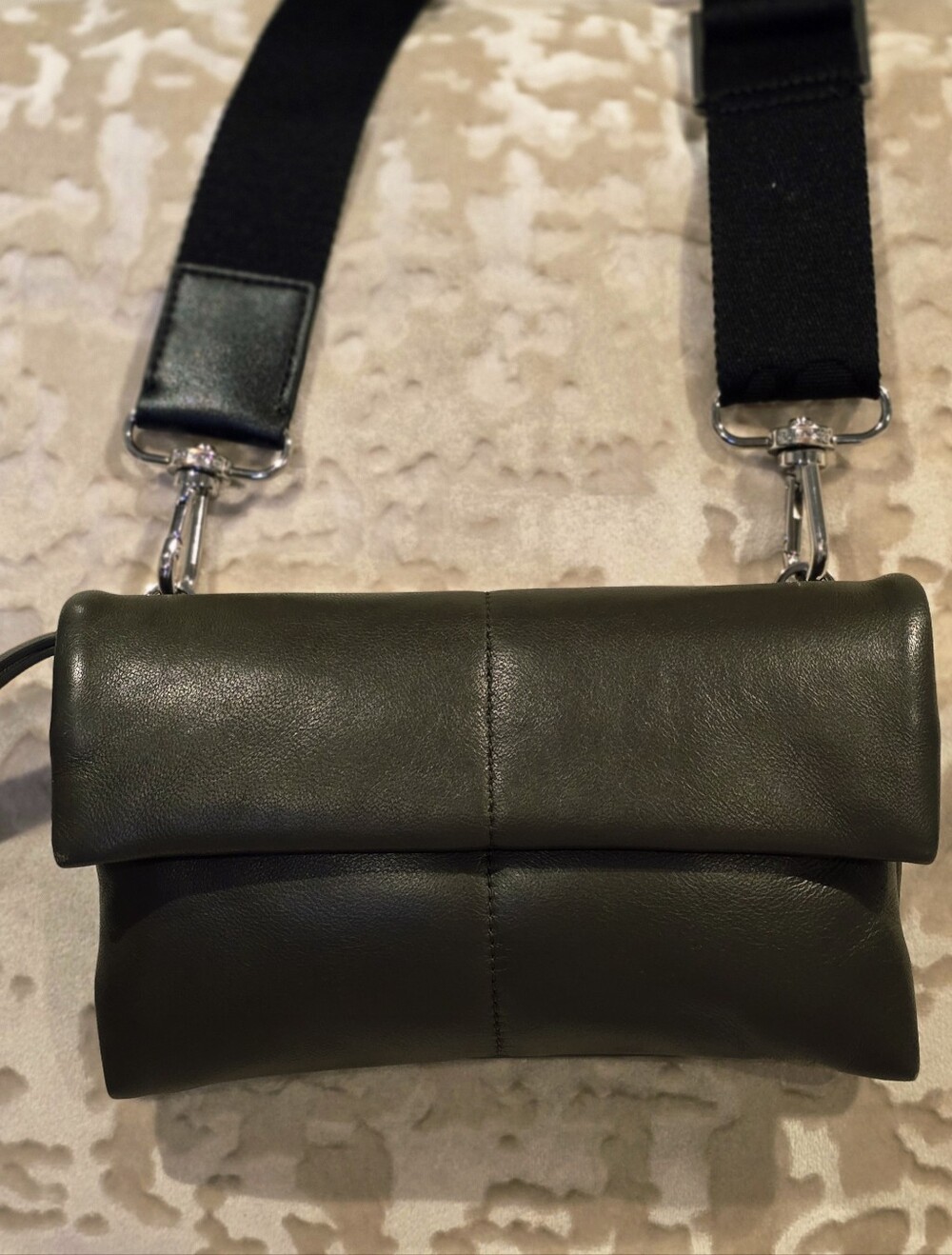 ALL SAINTS Dark Green Leather Crossbody Bag with Wide Strap
